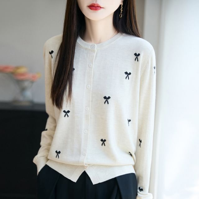 Bow Embroidered Button-Up Cardigan