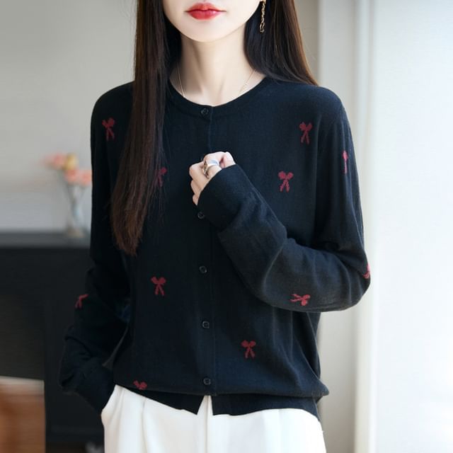 Bow Embroidered Button-Up Cardigan