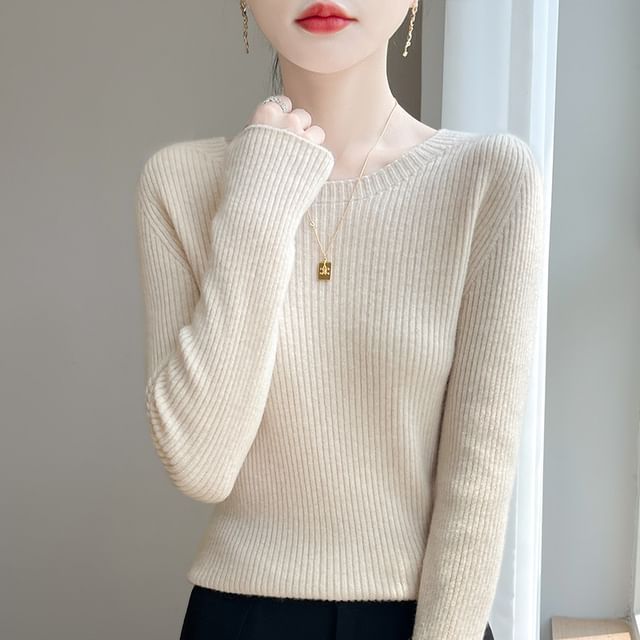 Long-Sleeve Round Neck Plain Ribbed Knit Top