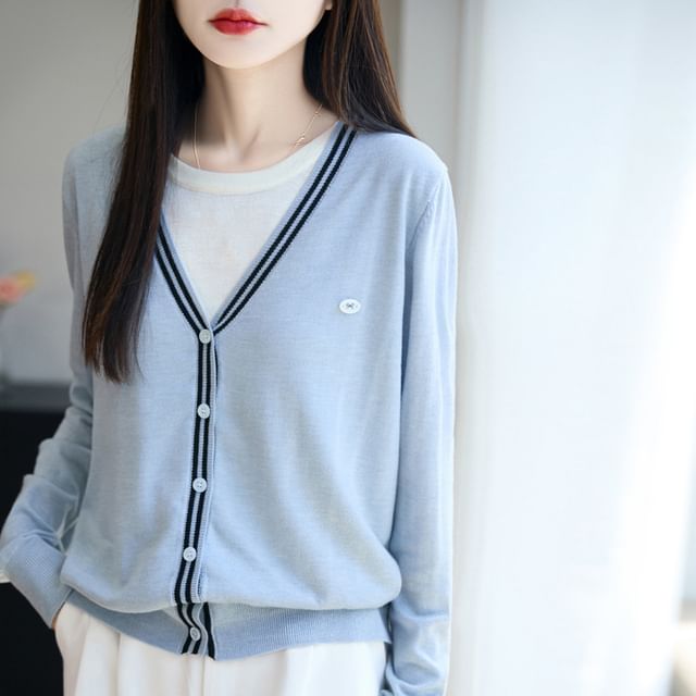 Mock Two-Piece Contrast Trim Button-Up Cardigan