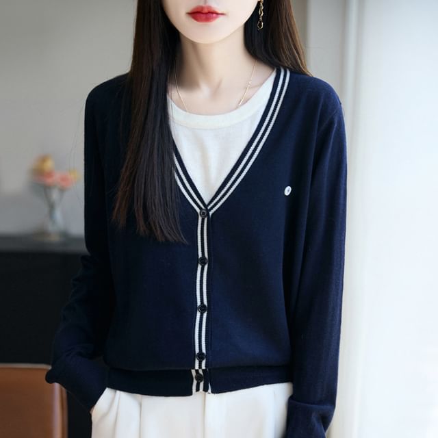 Mock Two-Piece Contrast Trim Button-Up Cardigan