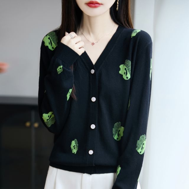 V-Neck Printed Button-Up Cardigan