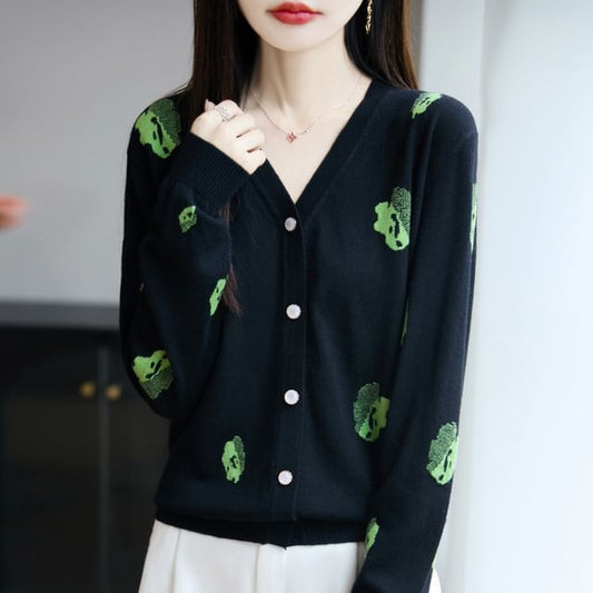 V-Neck Printed Button-Up Cardigan