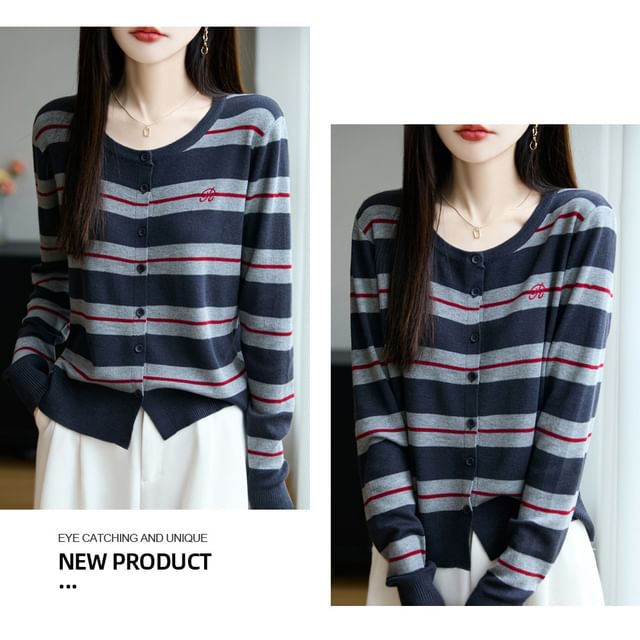 Striped Letter Embroidered Button-Up Cardigan