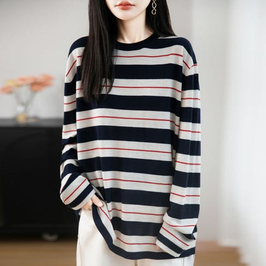 Long-Sleeve Crew Neck Striped Knit Top