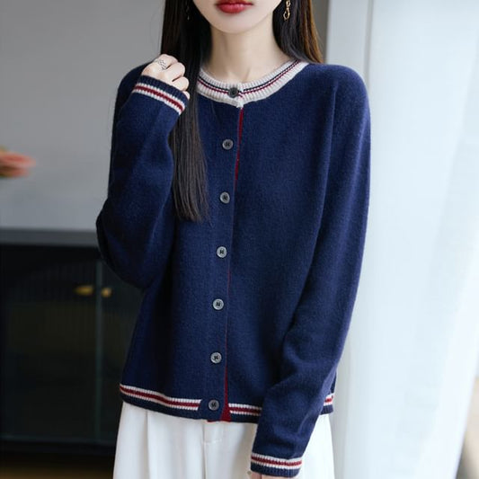 Round Neck Contrast Trim Cardigan