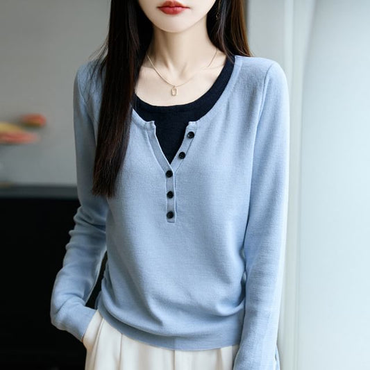Mock Two-Piece Long-Sleeve Scoop Neck Henley Two Tone Knit Top