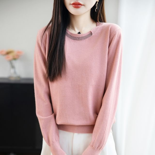Long-Sleeve Round Neck Plain Rhinestone Knit Top