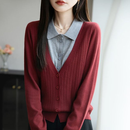 Mock Two-Piece Long-Sleeve Collar Two Tone Ribbed Button Knit Top