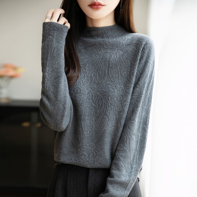 Long-Sleeve Mock Neck Floral Knit Top