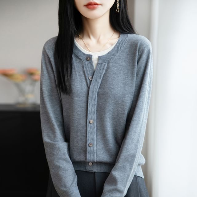 Mock Two-Piece Long-Sleeve Crew Neck Two Tone Button Knit Top
