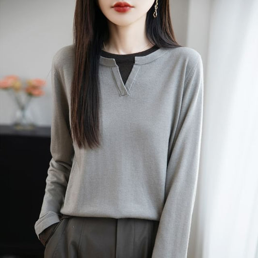 Mock Two-Piece Long-Sleeve Crew Neck Two Tone Knit Top