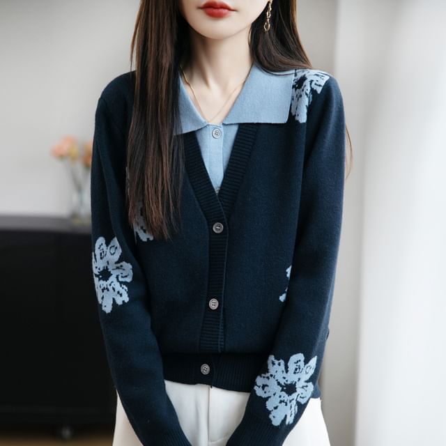 Mock Two-Piece Long-Sleeve Collar Floral Panel Button Knit Top