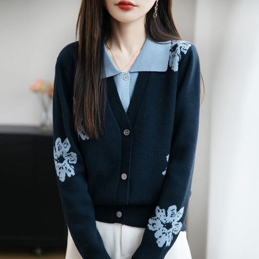 Mock Two-Piece Long-Sleeve Collar Floral Panel Button Knit Top