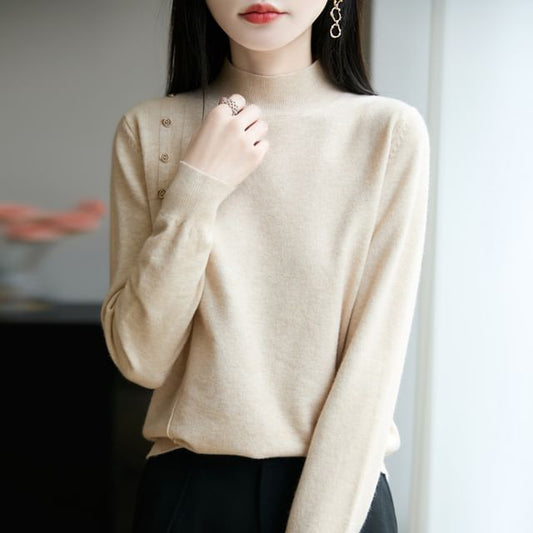 Long-Sleeve Mock Neck Plain Button Knit Top