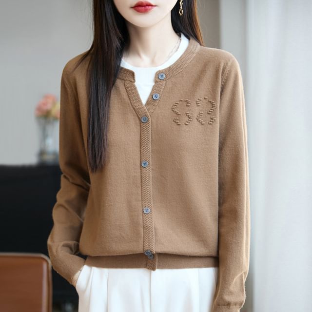 Mock Two-Piece Long-Sleeve Round Neck Two Tone Button Knit Top