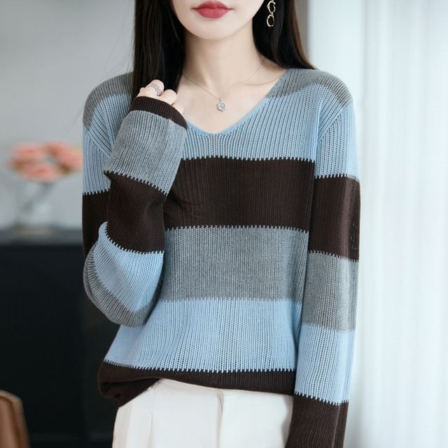 Long-Sleeve V-Neck Color Block Knit Top