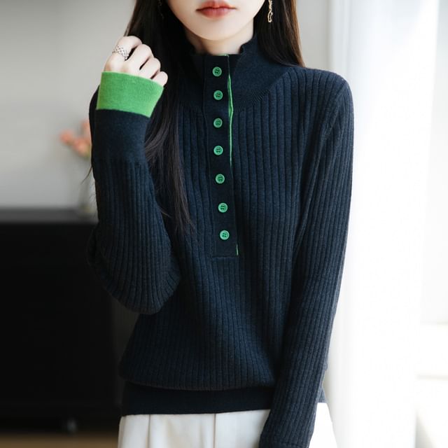 Long-Sleeve Turtleneck Henley Two Tone Ribbed Knit Top