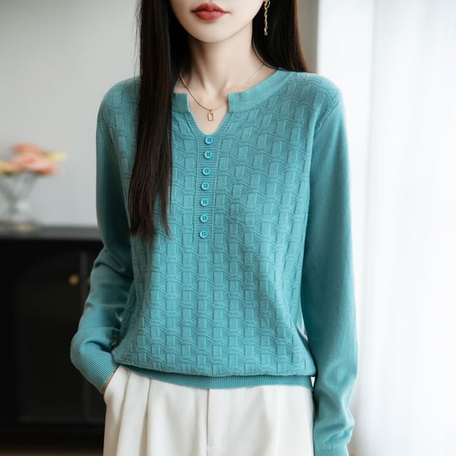 Long-Sleeve Notch Neck Plain Knit Top