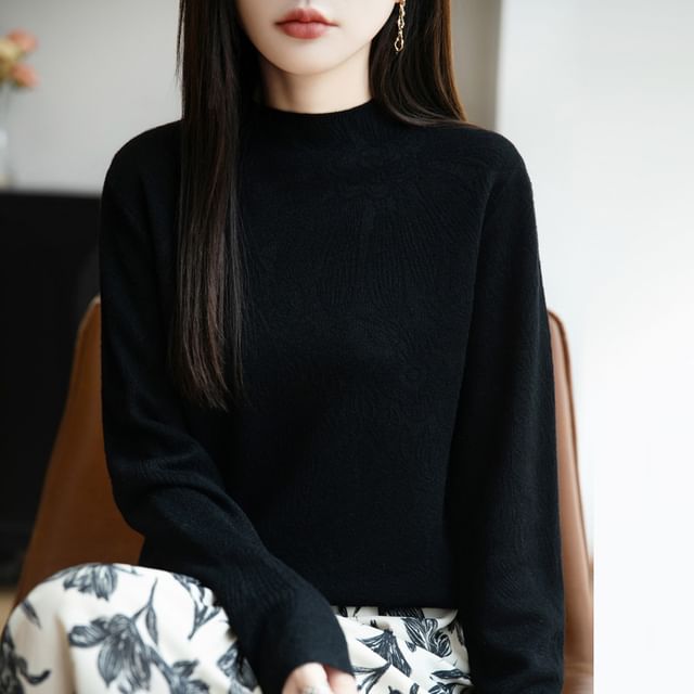 Long-Sleeve Mock Neck Floral Knit Top