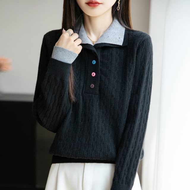 Long-Sleeve Turtleneck Henley Cable Knit Top