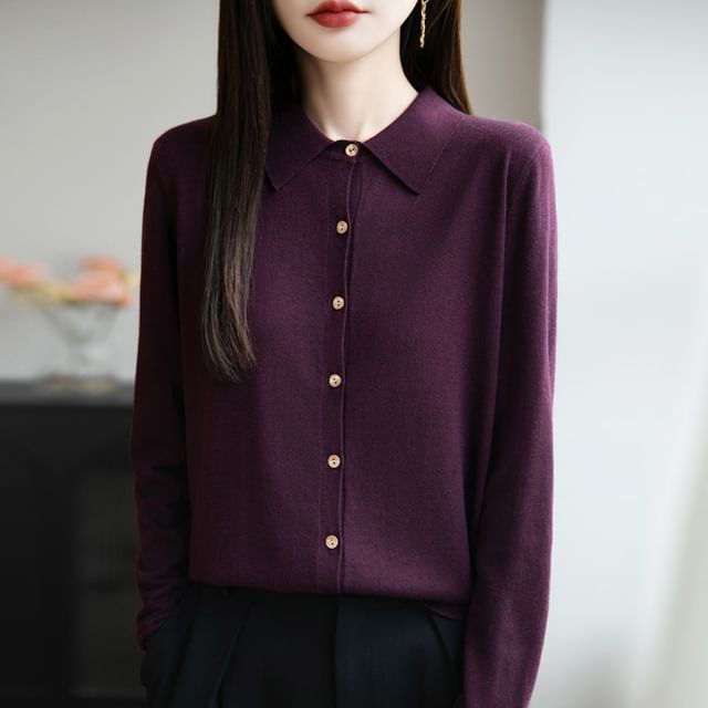 Long-Sleeve Collar Plain Button Knit Top