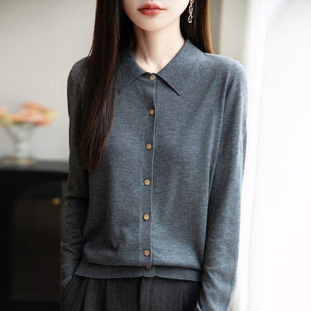 Long-Sleeve Collar Plain Button Knit Top