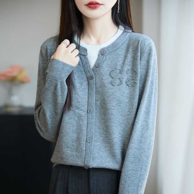 Mock Two-Piece Long-Sleeve Round Neck Two Tone Button Knit Top