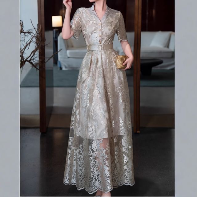 Short-Sleeve Embroidered Belt Waist Maxi A-Line Dress