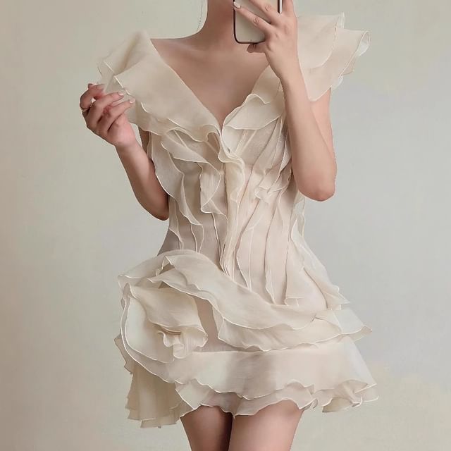 Cap-Sleeve V-Neck Ruffle Plain Mini A-Line Dress