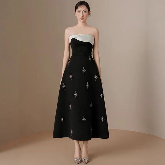 Strapless Beaded Two Tone Maxi A-Line Dress