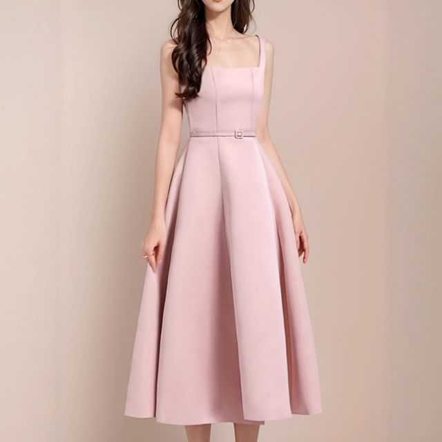 Sleeveless Square Neck Plain Midi A-Line Dress