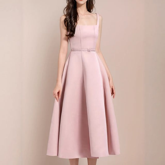 Sleeveless Square Neck Plain Midi A-Line Dress
