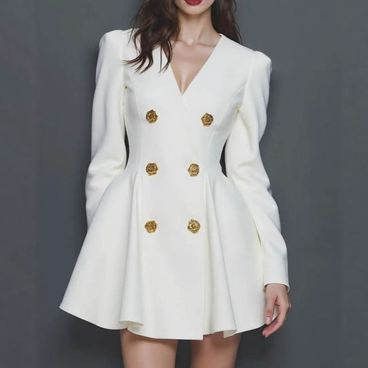 Long-Sleeve V-Neck Double Breasted Mini A-Line Dress
