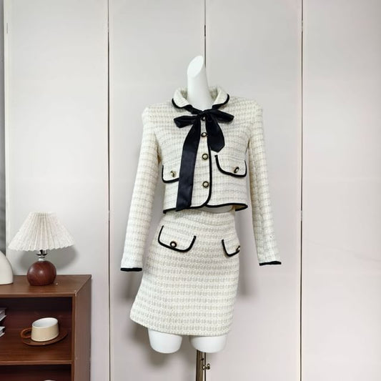Set: Collared Ribbon Accent Button-Up Jacket + Mini Skirt