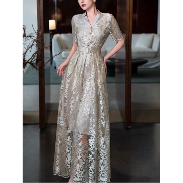 Short-Sleeve Embroidered Belt Waist Maxi A-Line Dress
