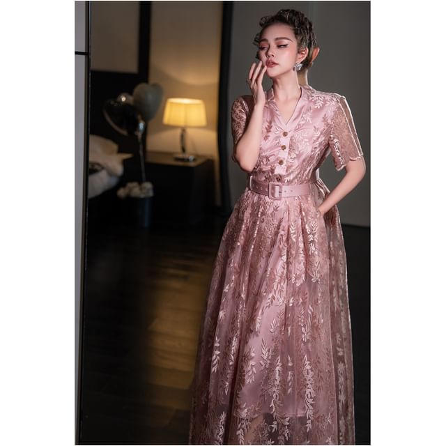 Short-Sleeve Embroidered Belt Waist Maxi A-Line Dress