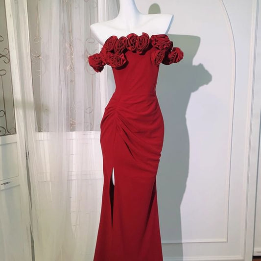 Short-Sleeve Off Shoulder Floral Accent Maxi A-Line Dress