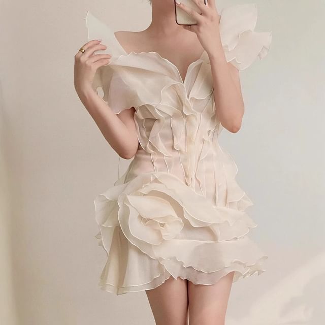 Cap-Sleeve V-Neck Ruffle Plain Mini A-Line Dress