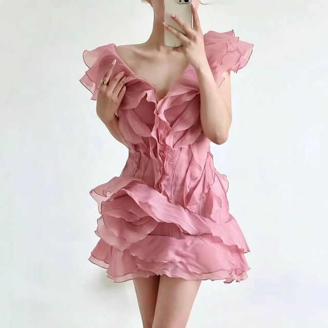 Cap-Sleeve V-Neck Ruffle Plain Mini A-Line Dress