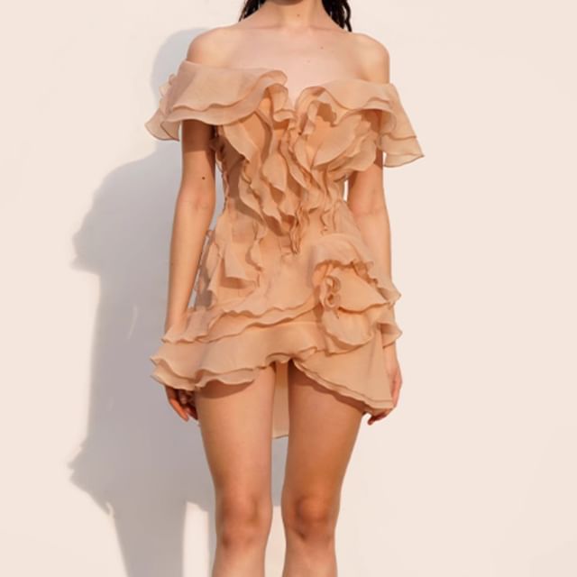 Cap-Sleeve V-Neck Ruffle Plain Mini A-Line Dress