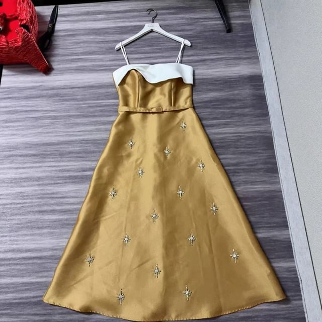 Strapless Beaded Two Tone Maxi A-Line Dress