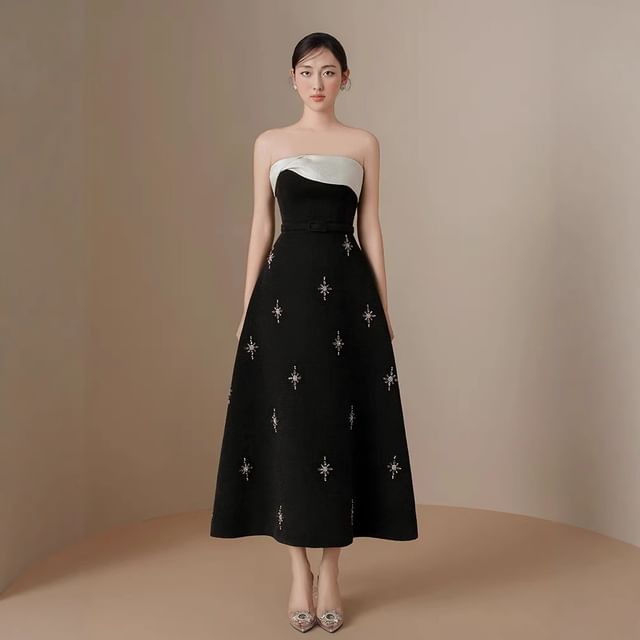 Strapless Beaded Two Tone Maxi A-Line Dress