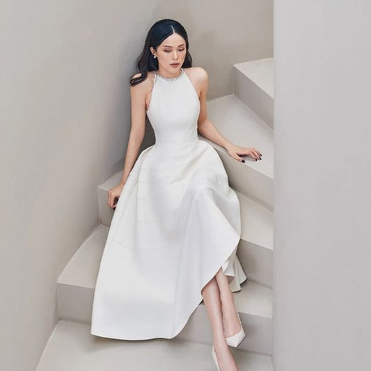 Sleeveless Rhinestone Plain Maxi A-Line Dress