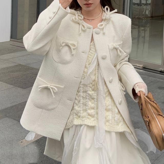 Ribbon Accent Button-Up Plain Jacket