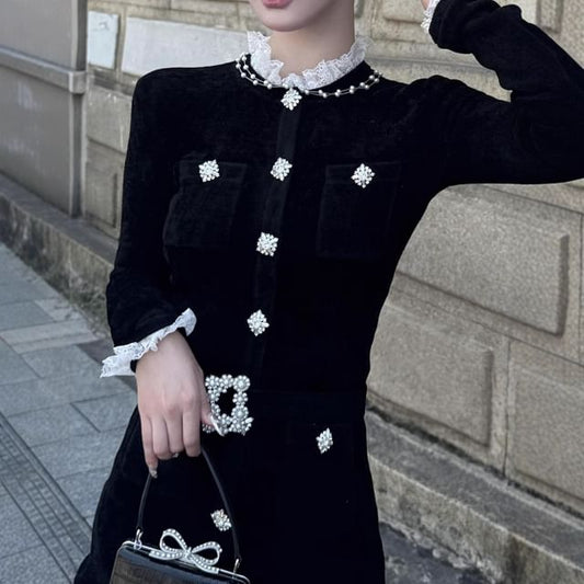 Long-Sleeve Frill Trim Plain Mini Mermaid Dress