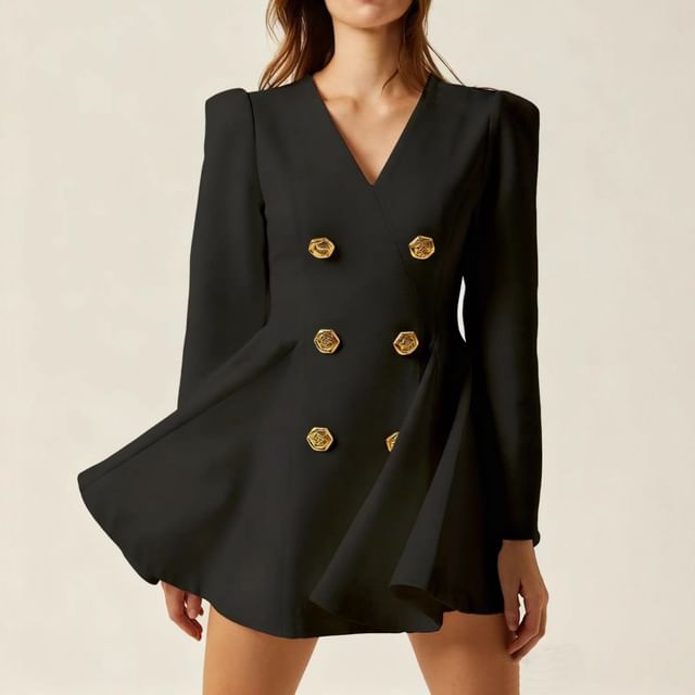 Long-Sleeve V-Neck Double Breasted Mini A-Line Dress