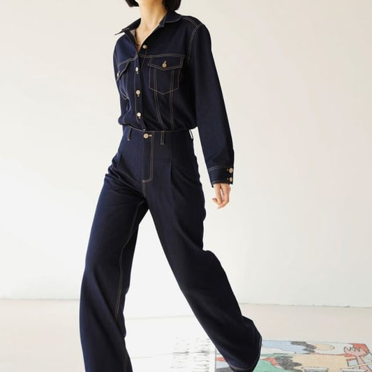Long-Sleeve Contrast Stitching Denim Shacket / High Rise Straight Leg Jeans