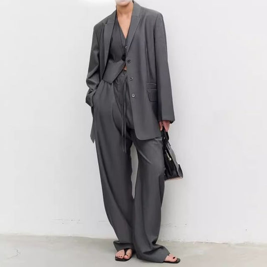 Notch Lapel Plain Single-Breasted Blazer / V-Neck Vest / Drawstring Waist Loose Fit Pants