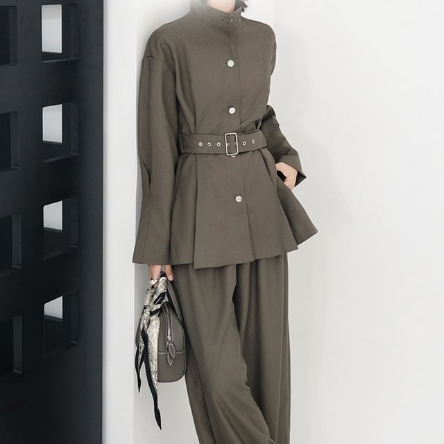 Stand Collar Plain Button Trench Jacket / High Rise Wide Leg Pants